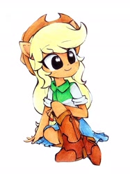 Size: 2261x3015 | Tagged: safe, artist:liaaqila, imported from derpibooru, part of a set, applejack, human, equestria girls, boots, chibi, cowboy boots, cowboy hat, cute, equestria girls minis, eye clipping through hair, eyebrows, eyebrows visible through hair, female, hat, high res, jackabetes, pony ears, shoes, signature, simple background, sitting, smiling, solo, toy interpretation, traditional art, watercolor painting, white background