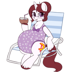 Size: 850x901 | Tagged: safe, artist:lulubell, imported from derpibooru, oc, oc:amy, pony, unicorn, beach chair, belly, big belly, blushing, chair, clothes, coconut cup, cute, female, glasses, hair bun, mare, one-piece swimsuit, pregnant, simple background, solo, straw, swimsuit, transparent background