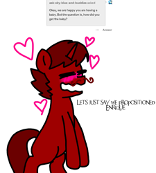 Size: 1275x1414 | Tagged: safe, artist:professorventurer, imported from derpibooru, oc, oc only, oc:enrique, pony, unicorn, series:ask pippamena, ahegao, bipedal, blushing, blushing profusely, facial hair, heart, implied pipp petals, implied sex, in love, male, moustache, open mouth, solo, stallion, swoon