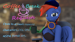 Size: 1920x1083 | Tagged: safe, artist:kamimation, imported from derpibooru, oc, oc only, oc:kam pastel, anthro, pegasus, 3d, advertisement, amputee, breasts, chair, coffee, coffee mug, folded wings, goggles, hat, looking at you, mug, prosthetic arm, prosthetic limb, prosthetics, smug, solo, text, wings