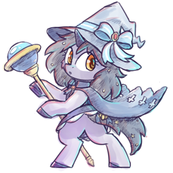 Size: 1872x1863 | Tagged: safe, artist:rivibaes, imported from derpibooru, oc, oc only, oc:rivibaes, unicorn, cape, clothes, female, filly, foal, hat, simple background, skirt, solo, staff, standing on two hooves, white background, witch hat