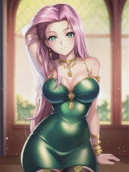 Size: 512x682 | Tagged: safe, imported from derpibooru, fluttershy, human, equestria girls, ai content, ai generated, anime style, arm behind head, bare shoulders, beautiful, blurry background, bracelet, breasts, busty fluttershy, clothes, dress, female, generator:novelai, generator:stable diffusion, glowing, green dress, humanized, jewelry, long hair, looking at you, necklace, prompter:sammykun, shiny, sitting, sleeveless, smiling, solo, sparkles, window