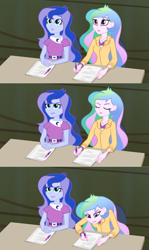 Size: 1904x3192 | Tagged: safe, imported from derpibooru, screencap, princess celestia, princess luna, human, equestria girls, rainbow rocks, ballpoint pen, battle of the bands, celestia is not amused, female, image react, judging, luna is not amused, principal celestia, siblings, sisters, surprised, traditional art, unamused, upset, vice principal luna, writing