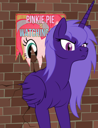 Size: 1270x1655 | Tagged: safe, artist:grypher, imported from derpibooru, pinkie pie, oc, oc:violet gale, alicorn, pony, fallout equestria, artificial alicorn, grumpy, looking at you, poster, purple alicorn (fo:e), solo, stuck, vector, wall