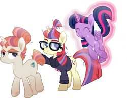 Size: 5832x4476 | Tagged: safe, artist:lincolnbrewsterfan, imported from derpibooru, moondancer, moondancer's sister, morning roast, twilight sparkle, alicorn, pony, unicorn, amending fences, .svg available, ^^, absurd resolution, adorable face, bushy brows, button, c:, clothes, curly mane, curly tail, cute, cute face, cute smile, cuteness overload, daaaaaaaaaaaw, dancerbetes, description is relevant, excited, excitement, eyes closed, female, folded wings, forelock, glasses, glowing, glowing horn, hair beads, hair bun, happiness, happy, happy ending, headcanon, headcanon in the description, hoof heart, horn, inkscape, kissy face, levitation, lidded eyes, looking back, looking up, magic, magic aura, mare, messy hair, messy mane, messy tail, moon, movie accurate, multicolored mane, multicolored tail, purple eyes, pursed lips, raised hoof, self-levitation, siblings, simple background, sisters, smiling, sparkles, stars, striped mane, striped tail, strut, svg, sweater, sweet dreams fuel, tail, tail bun, telekinesis, thick eyebrows, transparent background, trio, trio female, trotting, twiabetes, twilight sparkle (alicorn), underhoof, vector, walking, weapons-grade cute, whistling, windswept tail, wings