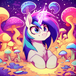 Size: 1536x1536 | Tagged: safe, derpibooru exclusive, imported from derpibooru, prompter:zealousmagician, dj pon-3, vinyl scratch, pony, unicorn, ai content, ai generated, chest fluff, drug use, drugs, female, generator:purplesmart.ai, generator:stable diffusion, glowing, glowing horn, horn, magic, mare, mushroom, solo