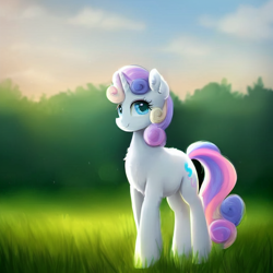 Size: 768x768 | Tagged: safe, imported from derpibooru, pony, unicorn, ai content, ai generated, chest fluff, female, field, generator:purplesmart.ai, generator:stable diffusion, mare, not sweetie belle, solo