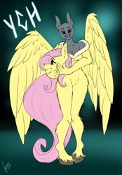 Size: 1640x2360 | Tagged: safe, artist:stirren, imported from derpibooru, fluttershy, anthro, pegasus, unguligrade anthro, clothes, commission, cosplay, costume, disembodied head, fursuit, peace sign, ponysuit, pose, spread wings, wings, your character here