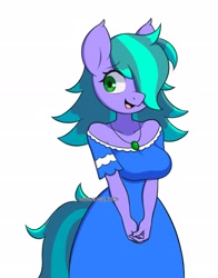 Size: 1800x2300 | Tagged: safe, artist:handgunboi, imported from derpibooru, oc, oc:cyanette, anthro, earth pony, clothes, commission, dress, female, hair over one eye, jewelry, necklace, simple background, solo, white background