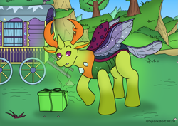 Size: 2283x1614 | Tagged: safe, artist:sparkbolt3020, imported from derpibooru, thorax, changedling, changeling, commission, present, story in the source, transformation, transformation sequence, trixie's wagon, wagon