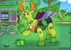 Size: 2283x1614 | Tagged: safe, artist:sparkbolt3020, imported from derpibooru, thorax, changedling, changeling, transformation, transformation sequence, trixie's wagon, wagon