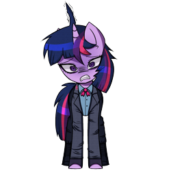 Size: 1000x1000 | Tagged: safe, alternate version, artist:menalia, imported from derpibooru, twilight sparkle, pony, unicorn, ahoge, boots, bowtie, clothes, danganronpa, fingerless gloves, gloves, horn, pants, scared, shirt, shoes, simple background, solo, style emulation, suit, transparent background, unicorn twilight