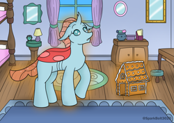 Size: 2283x1614 | Tagged: safe, artist:sparkbolt3020, imported from derpibooru, ocellus, changedling, changeling, bed, bedroom, gingerbread (food), gingerbread house, lamp, stool, story in the source, transformation, transformation sequence, wagon