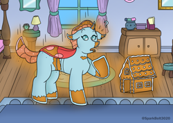 Size: 2283x1614 | Tagged: safe, artist:sparkbolt3020, imported from derpibooru, ocellus, changedling, changeling, bed, bedroom, food transformation, gingerbread (food), gingerbread house, lamp, stool, story in the source, transformation, transformation sequence, wagon