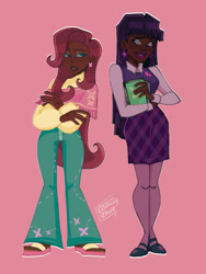 Size: 1536x2048 | Tagged: safe, artist:asavvyzavvy, imported from derpibooru, fluttershy, twilight sparkle, human, abstract background, clothes, cutie mark on clothes, dark skin, duo, duo female, female, humanized, looking at each other, looking at someone, pink background, sandals, shoes, simple background, skirt, sweater vest, tan skin