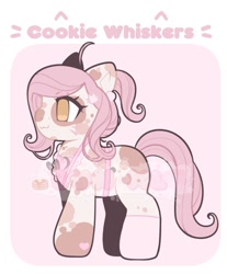 Size: 851x1026 | Tagged: safe, artist:bunxl, imported from derpibooru, oc, oc only, oc:cookie whiskers, earth pony, pony, :3, abstract background, adoptable, ahoge, apron, clothes, coat markings, female, ponytail, socks, solo, text, watermark