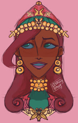 Size: 1035x1633 | Tagged: safe, artist:asavvyzavvy, imported from derpibooru, fluttershy, human, algerian, bust, dark skin, ear piercing, earring, female, humanized, jewelry, looking sideways, necklace, piercing, pink background, portrait, simple background, smiling, solo