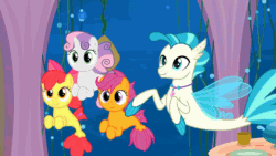 Size: 1280x720 | Tagged: safe, edit, edited screencap, imported from derpibooru, screencap, apple bloom, scootaloo, sweetie belle, terramar, earth pony, pegasus, seapony (g4), unicorn, season 8, surf and/or turf, spoiler:s08, animated, belly button, cup, cute, cutie mark crusaders, dorsal fin, female, filly, fin wings, fins, fish tail, flowing mane, flowing tail, foal, gif, happy, jewelry, male, necklace, ocean, open mouth, pearl, pearl necklace, sea-mcs, seaponified, seapony apple bloom, seapony scootaloo, seapony sweetie belle, seaquestria, smiling, species swap, swimming, table, tail, underwater, water, wings