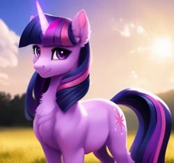 Size: 1200x1128 | Tagged: safe, imported from derpibooru, twilight sparkle, pony, unicorn, ai content, ai generated, chest fluff, ear fluff, generator:purplesmart.ai, generator:stable diffusion, smiling, solo, unicorn twilight