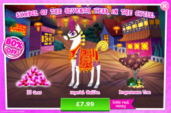 Size: 1961x1298 | Tagged: safe, imported from derpibooru, earth pony, pony, advertisement, bush, clothes, cloven hooves, costs real money, dragonsneeze, english, gameloft, gem, lunar new year, male, mobile game, my little pony: magic princess, numbers, official, sale, solo, solo focus, stallion, text, tree, unnamed character, unnamed pony