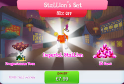 Size: 1266x860 | Tagged: safe, imported from derpibooru, earth pony, pony, bundle, bush, clothes, cloven hooves, costs real money, dragonsneeze, english, gameloft, gem, lunar new year, male, mobile game, my little pony: magic princess, numbers, official, sale, solo, solo focus, stallion, text, tree, unnamed character, unnamed pony