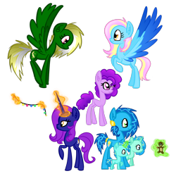 Size: 1280x1280 | Tagged: safe, artist:princessfaeron, imported from derpibooru, oc, oc:bramble berry, oc:dusk omen, oc:glitter bomb, oc:prop hunt, oc:starspark, oc:tinsel, earth pony, pegasus, pony, unicorn, colored wings, female, magic, mare, simple background, transparent background, two toned wings, wings