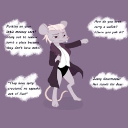 Size: 1200x1200 | Tagged: safe, artist:pony quarantine, imported from derpibooru, zesty gourmand, anthro, digitigrade anthro, mouse, clothes, coat, female, looking at you, mousified, purple background, simple background, solo, species swap, text