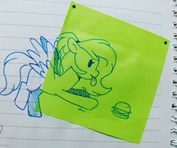 Size: 960x803 | Tagged: safe, artist:darkynez, imported from derpibooru, oc, oc only, oc:spooky glare, pegasus, pony, burger, food, hamburger, post-it, reaching, solo, sticky note, tongue out, traditional art