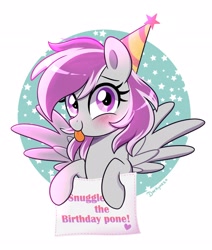 Size: 2200x2600 | Tagged: safe, artist:darkynez, imported from derpibooru, oc, oc only, pony, birthday, blushing, happy, hat, looking at you, party hat, raspberry, sign, smiling, solo, spread wings, tongue out, wings