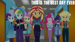 Size: 1920x1080 | Tagged: safe, edit, edited screencap, editor:quoterific, imported from derpibooru, screencap, applejack, fluttershy, pinkie pie, rainbow dash, rarity, sci-twi, sunset shimmer, twilight sparkle, bird, human, owl, equestria girls, equestria girls series, holidays unwrapped, spoiler:eqg series (season 2), humane five, humane seven, humane six, winter break-in