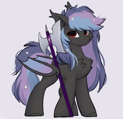 Size: 1320x1280 | Tagged: safe, artist:little-sketches, imported from derpibooru, oc, oc only, oc:stellar wind, bat pony, pony, bat pony oc, female, halberd, looking at you, simple background, smiling, smirk, solo, weapon, wing hold, wings