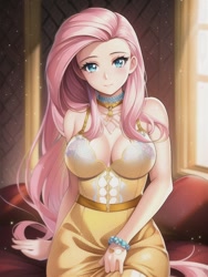 Size: 512x682 | Tagged: safe, imported from derpibooru, fluttershy, human, equestria girls, ai content, ai generated, bare shoulders, big breasts, bracelet, breasts, busty fluttershy, clothes, dress, female, generator:novelai, generator:stable diffusion, gold, humanized, jewelry, looking at you, necklace, prompter:sammykun, sitting, skirt, skirt lift, sleeveless, solo, window