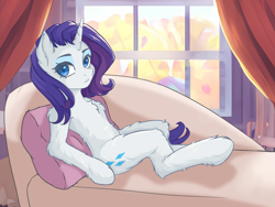 Size: 1000x750 | Tagged: safe, artist:lucid_dreams._., imported from derpibooru, rarity, pony, semi-anthro, unicorn, ai assisted, ai content, chest fluff, couch, female, fluffy, looking at you, mare, pillow, sitting, solo, window