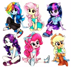 Size: 3170x2975 | Tagged: safe, artist:liaaqila, imported from derpibooru, part of a set, applejack, fluttershy, pinkie pie, rainbow dash, rarity, twilight sparkle, human, equestria girls, equestria girls series, big eyes, boots, butterfly hairpin, chibi, clothes, converse, cowboy boots, cowboy hat, cute, dashabetes, diapinkes, equestria girls minis, eye clipping through hair, eyebrows, eyebrows visible through hair, female, fluttershy boho dress, hat, high res, humane five, humane six, humanized, jackabetes, kneeling, open mouth, pony ears, raribetes, rarity peplum dress, shoes, shyabetes, signature, simple background, sitting, smiling, starry eyes, toy interpretation, traditional art, watercolor painting, white background, wingding eyes