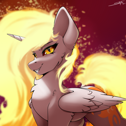 Size: 2500x2500 | Tagged: safe, artist:skitsroom, imported from derpibooru, daybreaker, alicorn, pony, cheek fluff, chest fluff, female, fiery mane, fiery tail, fire, folded wings, grin, high res, horn, looking at you, mare, signature, slit eyes, smiling, solo, wings