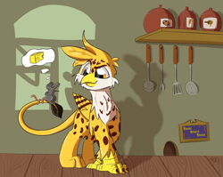 Size: 2293x1826 | Tagged: safe, artist:agent-diego, imported from derpibooru, oc, oc only, oc:beaky, griffon, mouse, fanfic:yellow feathers, looking at each other, looking at someone, mouse hole, pot, sign, tail, tail wrap