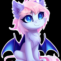 Size: 2048x2048 | Tagged: safe, imported from derpibooru, bat pony, ai content, ai generated, black background, chest fluff, chibi, ear fluff, female, generator:stable diffusion, simple background, sitting, smiling, solo