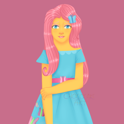 Size: 800x800 | Tagged: safe, artist:maiadrawing, imported from derpibooru, fluttershy, human, equestria girls, clothes, dress, female, pink background, simple background, solo