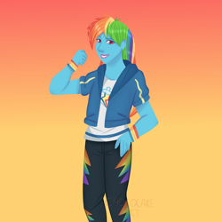 Size: 800x800 | Tagged: safe, artist:maiadrawing, imported from derpibooru, rainbow dash, human, equestria girls, female, gradient background, solo