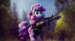 Size: 2560x1424 | Tagged: safe, imported from derpibooru, sweetie belle, pony, unicorn, ai assisted, ai content, bipedal, clothes, forest, gun, hind legs, military uniform, outdoors, solo, uniform, wallpaper, weapon
