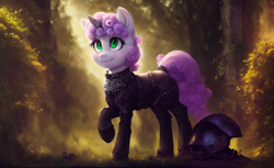 Size: 2816x1728 | Tagged: safe, imported from derpibooru, sweetie belle, pony, unicorn, ai assisted, ai content, armor, armored pony, forest, green eyes, leather, leather armor, solo, volumetric light, wallpaper
