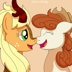 Size: 1000x1000 | Tagged: safe, artist:fruiitypieq, artist:shycookieq, imported from derpibooru, applejack, autumn blaze, earth pony, kirin, pony, accessory swap, applejack's hat, autumnjack, awwtumn blaze, cowboy hat, cute, duo, eyes closed, female, floppy ears, hat, jackabetes, kirin applejack, kirin-ified, lesbian, mare, nose to nose, nuzzling, open mouth, open smile, ponified, redhead, role reversal, shipping, shipping fuel, simple background, smiling, species swap, stetson
