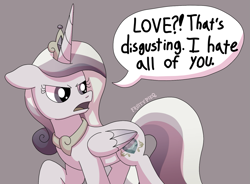 Size: 1471x1080 | Tagged: safe, artist:fruiitypieq, artist:shycookieq, imported from derpibooru, princess cadance, alicorn, pony, discorded, female, simple background, solo, speech bubble