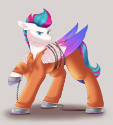 Size: 2672x2949 | Tagged: safe, artist:mantequiademani, imported from derpibooru, zipp storm, pegasus, pony, bound wings, chained, chains, clothes, cuffs, g5, grumpy, jumpsuit, never doubt rainbowdash69's involvement, prison outfit, prisoner, shackles, solo, wings