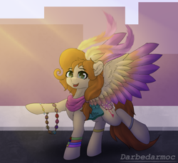 Size: 3072x2816 | Tagged: safe, artist:darbedarmoc, imported from derpibooru, oc, oc only, pegasus, pony, bag, bracelet, city, clothes, colored wings, female, jewelry, looking at you, mare, multicolored wings, raised hoof, scarf, solo, spread wings, wings