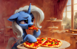 Size: 1984x1252 | Tagged: safe, edit, imported from derpibooru, trixie, pony, unicorn, ai assisted, ai content, ai generated, eating, female, food, generator:stable diffusion, hoof hold, horn, indoors, mare, pizza, prompter:saphkey, solo, volumetric light, window