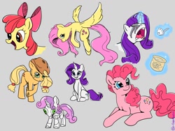 Size: 1200x900 | Tagged: safe, artist:qweakster, imported from derpibooru, apple bloom, applejack, fluttershy, pinkie pie, rarity, sweetie belle, earth pony, pony, robot, robot pony, unicorn, crying, female, food, gray background, ice cream, simple background, sweetie bot