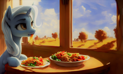 Size: 2058x1246 | Tagged: safe, imported from derpibooru, trixie, pony, unicorn, ai assisted, ai content, dinner, eating, food, herbivore, pasta, prompter:saphkey, sitting at table, solo, spaghetti, table, wallpaper, window
