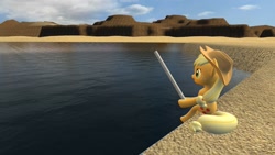 Size: 1920x1080 | Tagged: safe, artist:charismatic pony, imported from derpibooru, applejack, earth pony, pony, 3d, applejack's hat, blue sky, cloud, cowboy hat, female, fishing, gmod, hat, lake, mountain, rod, sand, sitting, solo, water