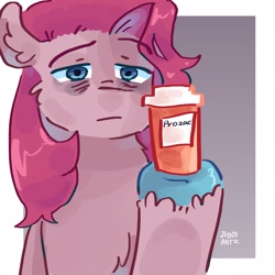 Size: 2048x2048 | Tagged: safe, artist:dmitrymemovznok, imported from derpibooru, pinkie pie, earth pony, pony, female, medication, pinkamena diane pie, prozac, sad, solo